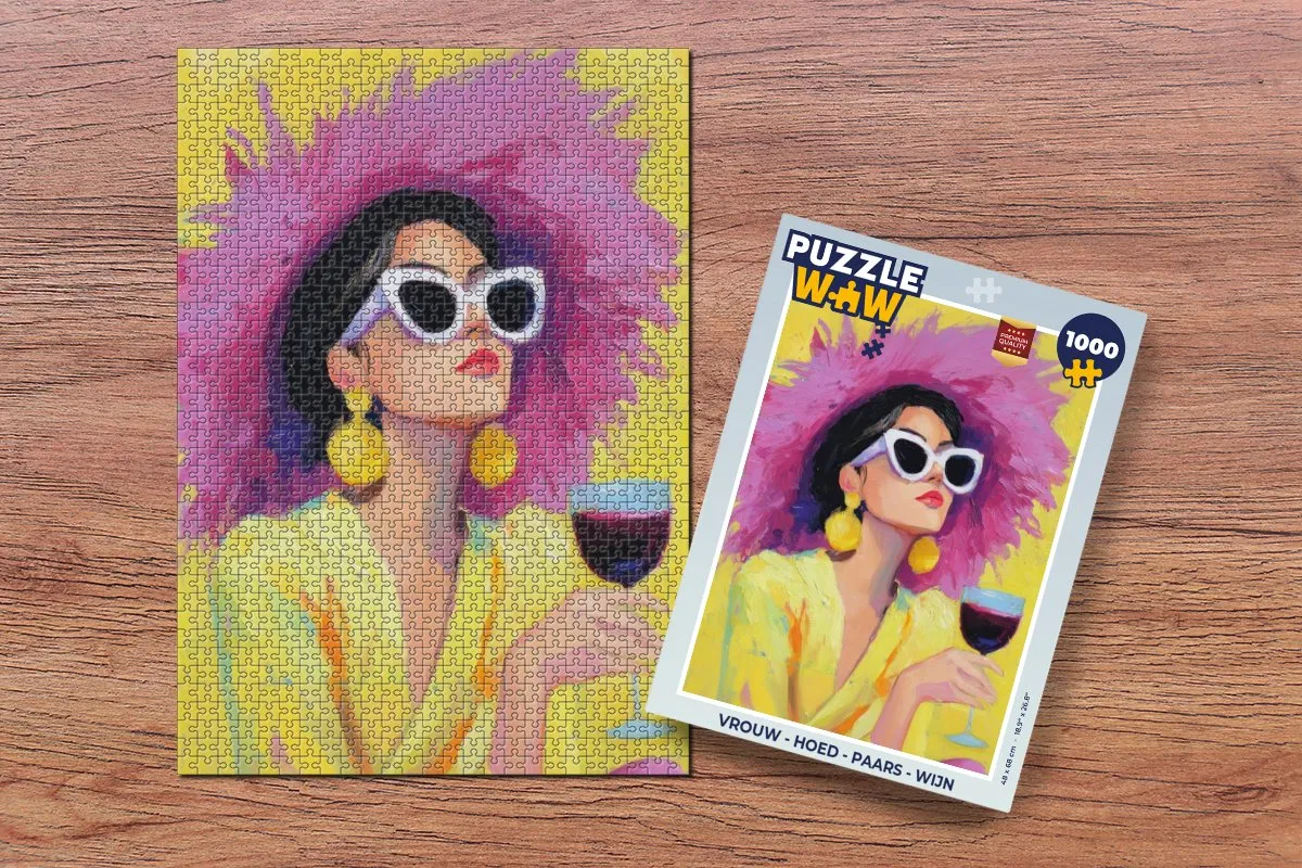 PuzzleWow Vrouw - Hoed - Wijn Legpuzzel 1000 Stukjes