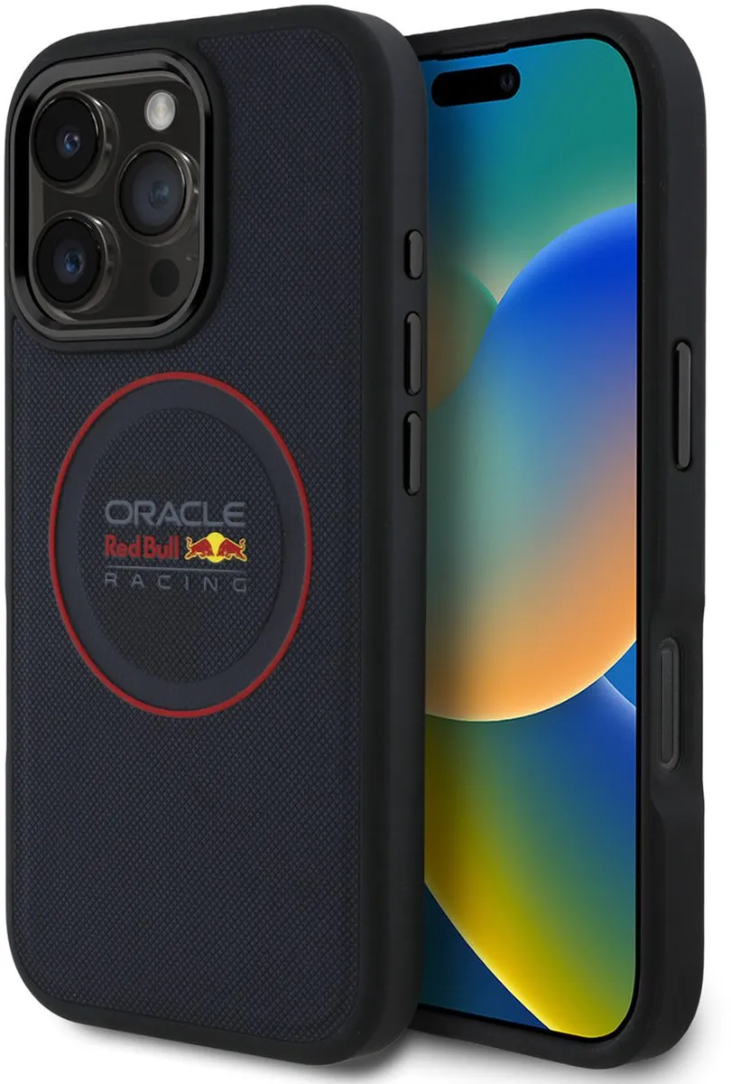 Red Bull Racing Meshed PU Leather Backcover geschikt voor MagSafe geschikt voor iPhone 16 Pro - Navy