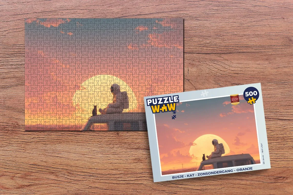 PuzzleWow Busje - Kat - Zonsondergang Puzzle 500 Stuks - Oranje