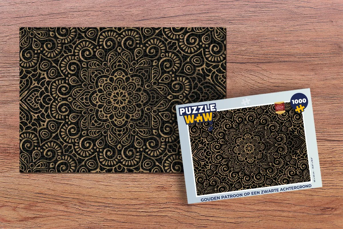 PuzzleWow Legpuzzel 1000 Stuks - Gouden Patroon op Zwart - Multicolor