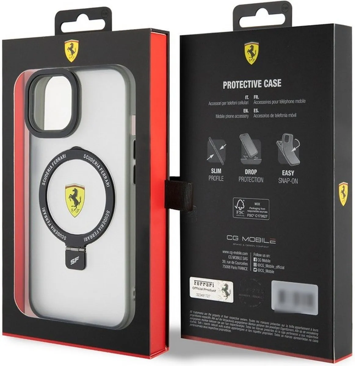 Ferrari Ring Stand Back Case iPhone 15 - MagSafe - Transparant