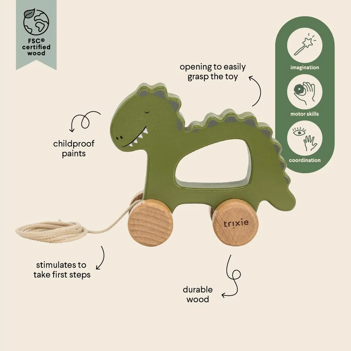 Trixie Houten Trekspeeltje Mr. Dino - Groen