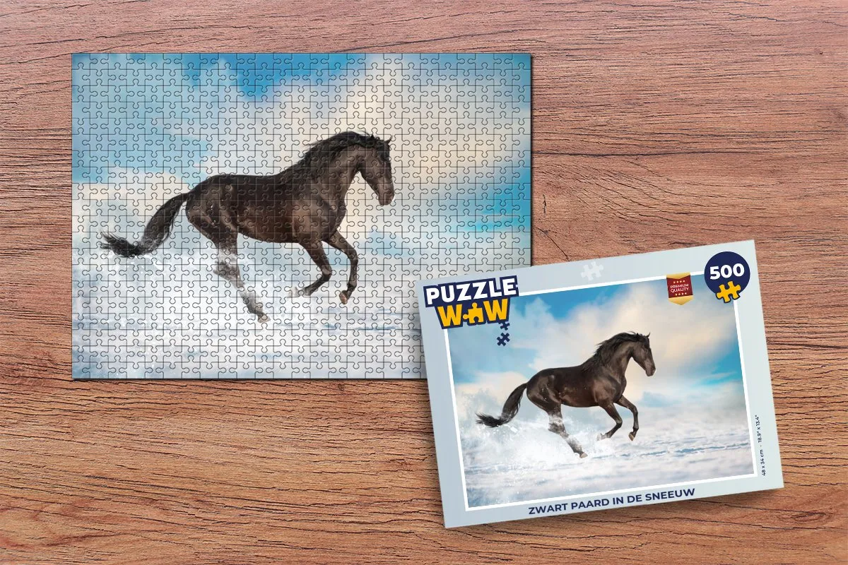 PuzzleWow Legpuzzel Zwart paard in de sneeuw 500 Stuks