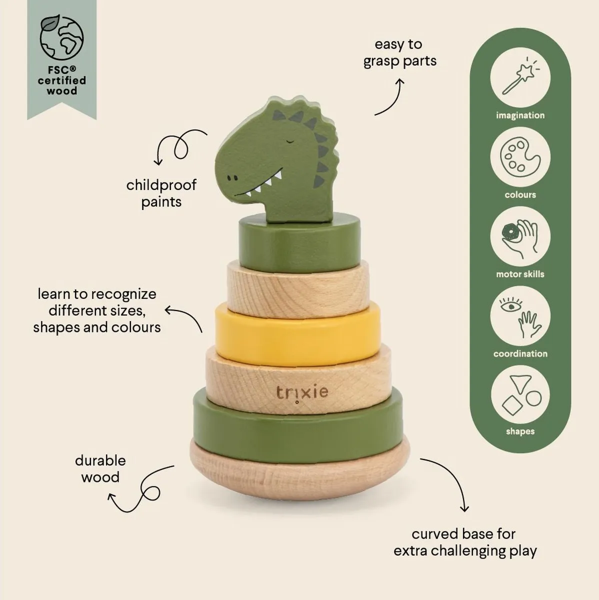 Trixie Houten Stapeltoren Mr. Dino - Educatief Speelgoed - Groen