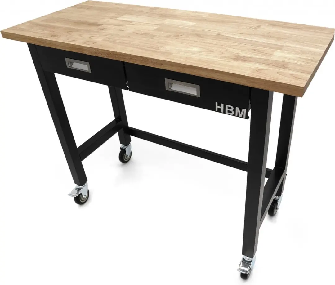 Professionele 122 cm Verrijdbare Werkbank Met 2 Laden en Massief Houten Werkblad