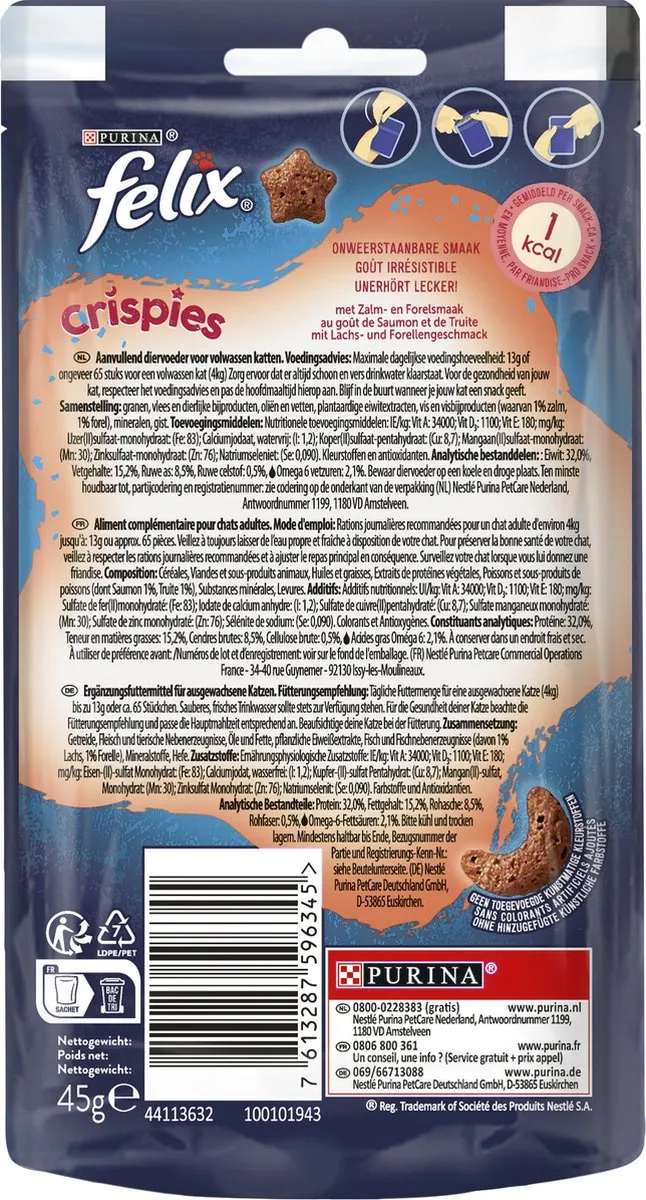 Felix Crispies Kattensnacks Zalm & Forel - 8x45g