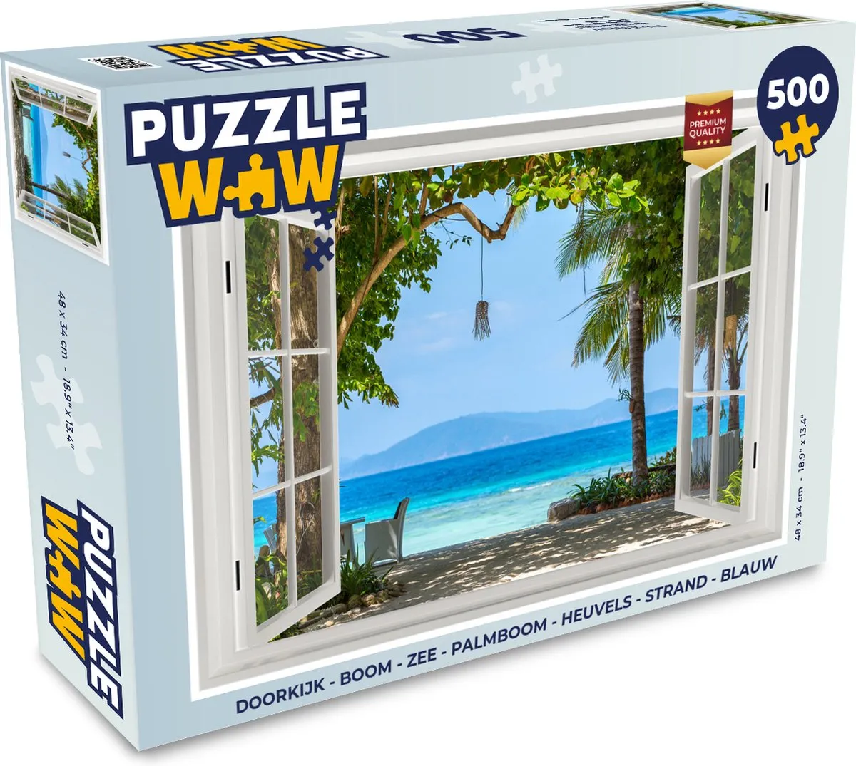 PuzzleWow Doorkijk Boom Zee Palmboom Heuvels Strand Legpuzzel 500 Stuks