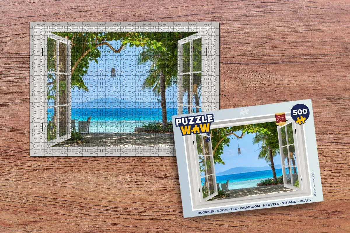 PuzzleWow Doorkijk Boom Zee Palmboom Heuvels Strand Legpuzzel 500 Stuks - Multicolor