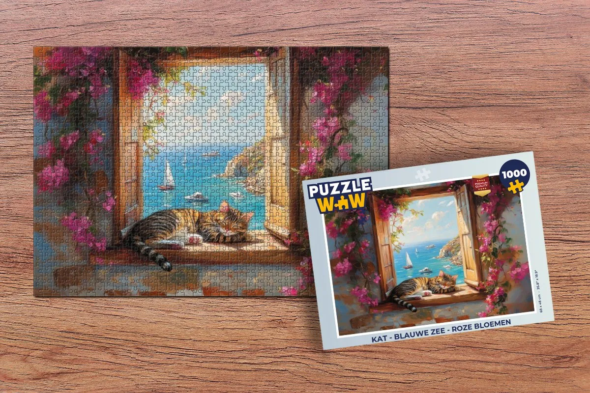 PuzzleWow Legpuzzel Kat - Blauwe Zee & Roze Bloemen 1000 Stuks