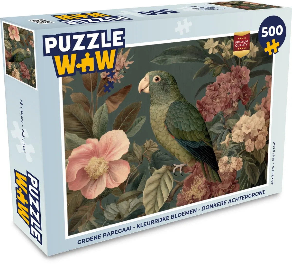 PuzzleWow Groene papegaai Legpuzzel 500 Stuks - Papegaai & Bloemen