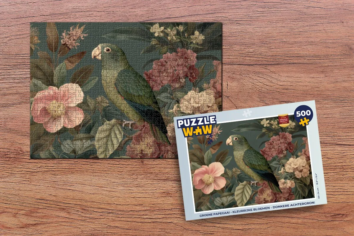 PuzzleWow Groene papegaai Legpuzzel 500 Stuks - Papegaai & Bloemen