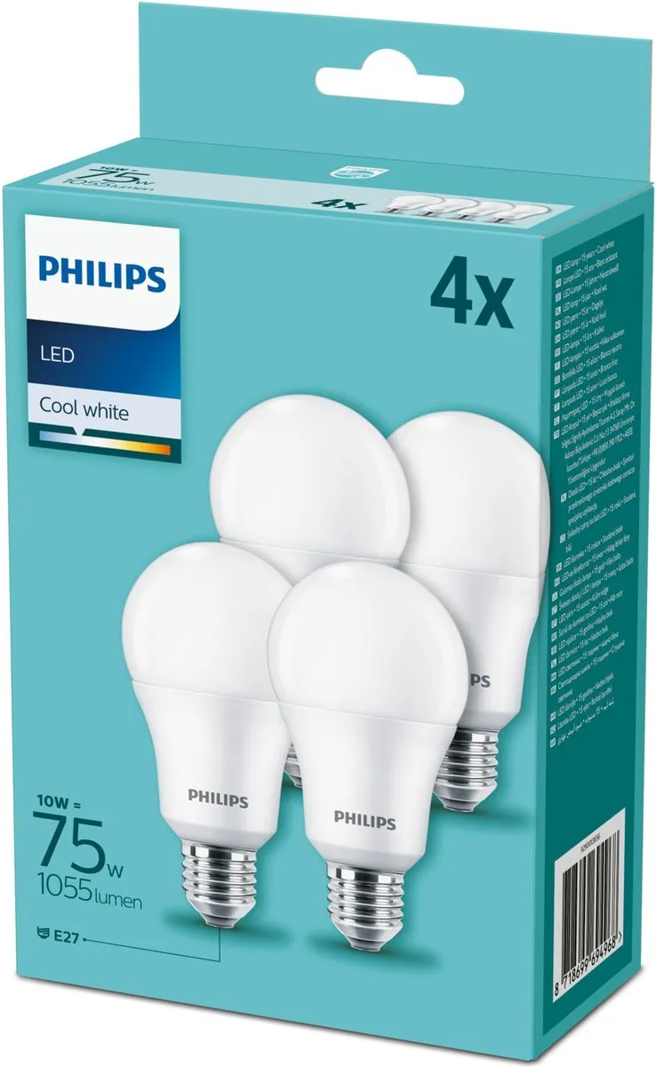 Philips CorePro LED A60 E27 10W 4000K - 4 Stuks - Mat