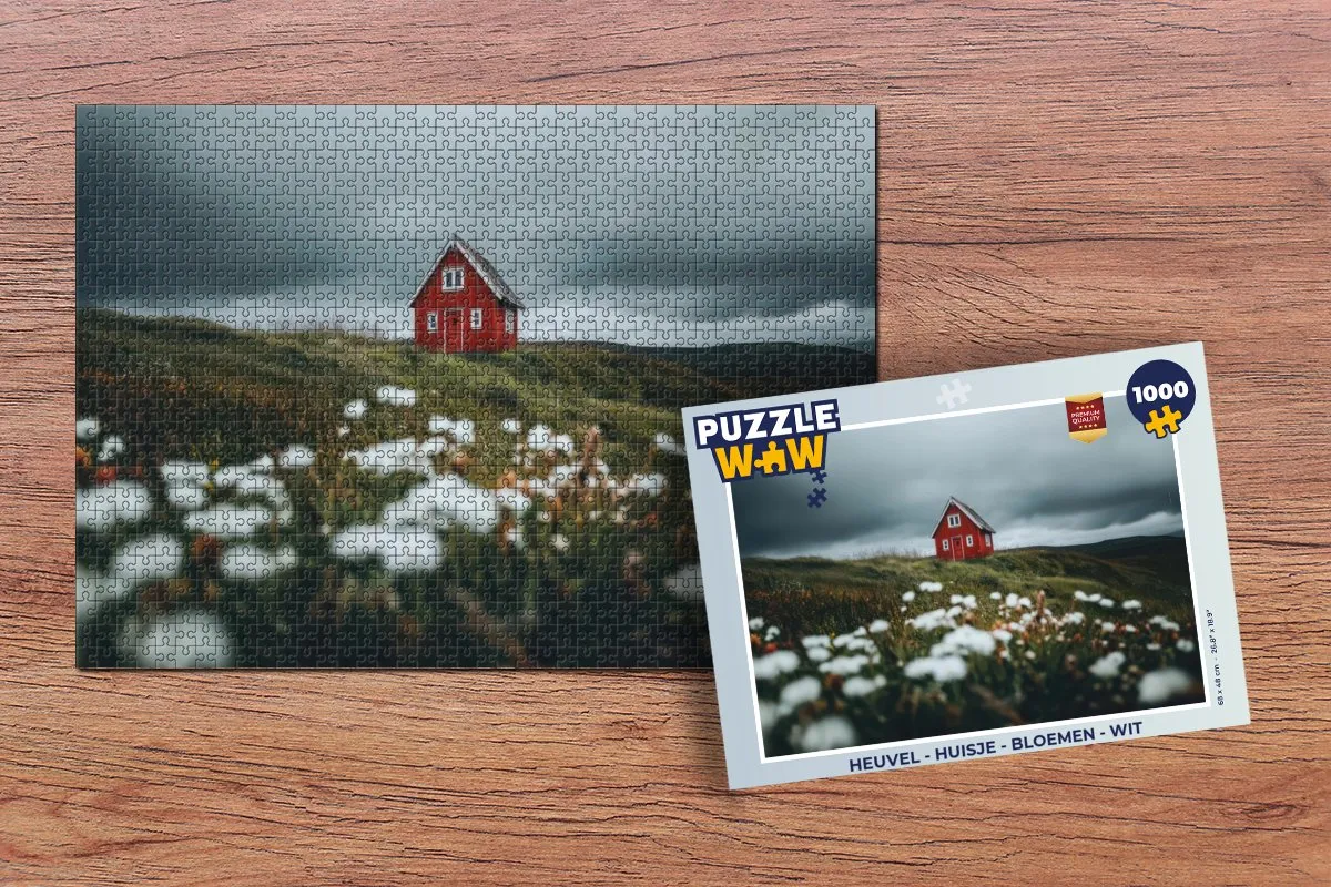 PuzzleWow Heuvel Huisje Bloemen Legpuzzel 1000 Stuks - Wit