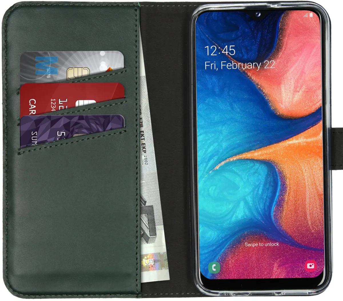 Selencia Hoesje Samsung Galaxy A20e - Groen Lederen Bookcase - 3 Pasjes