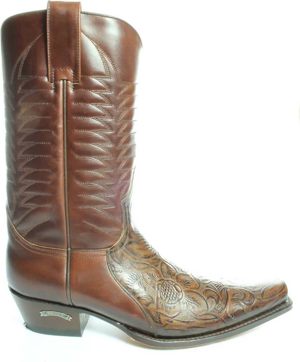 Sendra Boots 5907 Bruin Heren Cowboy Western Laarzen Handgemaakt Reliëf Bloemmo