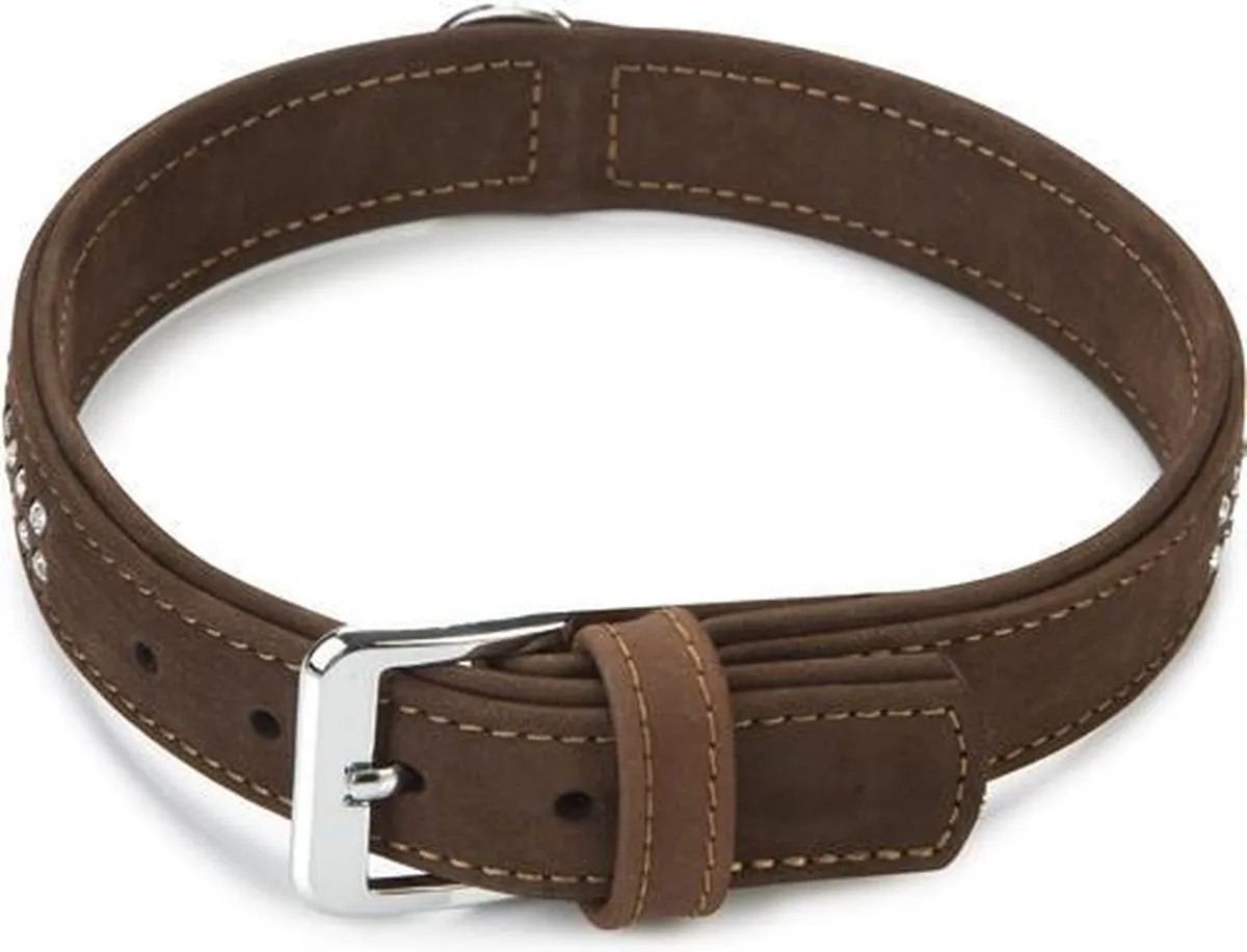 Beeztees Buffalo Lederen Halsband - Bruin XXL - Strass - 55cm x 30mm