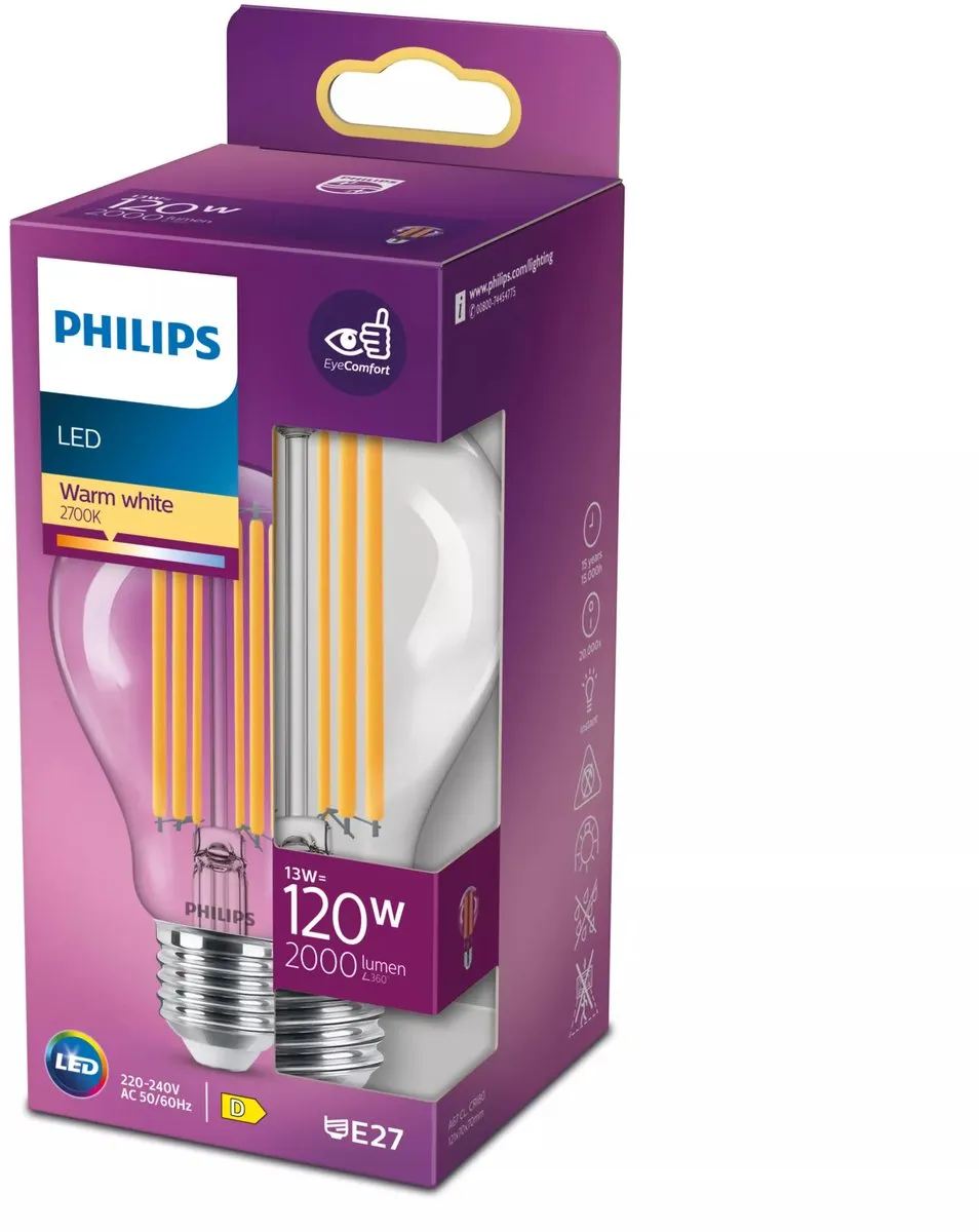Philips LED Transparante Lamp 13W E27 Warmwit