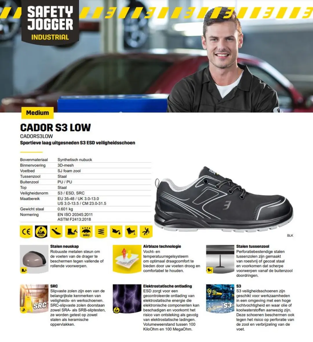 Safety Jogger Cador S3 LAGE Veiligheidsschoen SlipvastSRC-ESD-Waterproof Zwart - Maat 43 - afbeelding 3 van 5