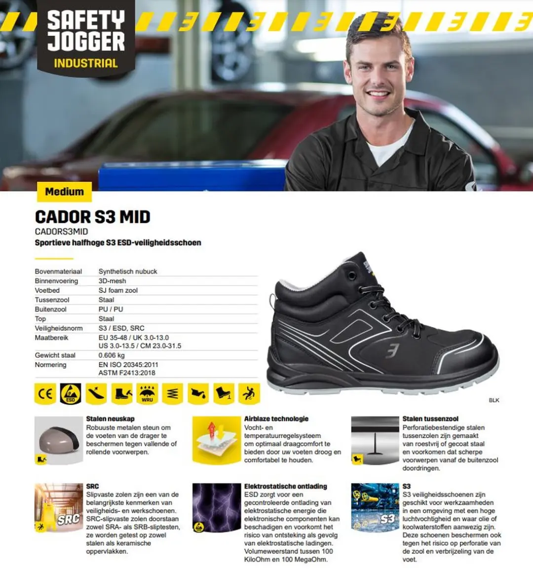 Safety Jogger Cador S3 HOGE Veiligheidsschoen SlipvastSRC-ESD-Waterproof Zwart - Maat 46 - afbeelding 3 van 4