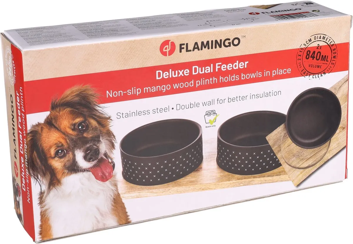 Flamingo Nervo Duo Dinner Eetpot Honden - 2x840ml - Ø15,5cm - Zwart