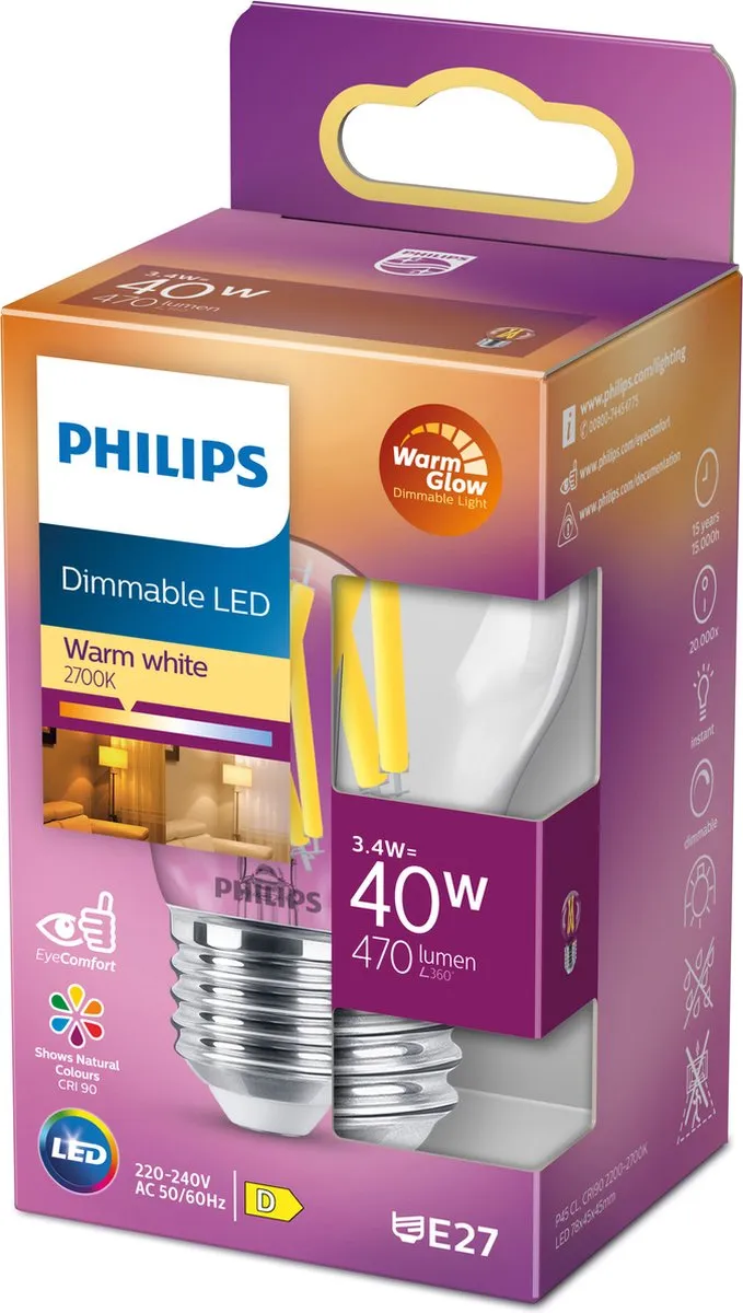 Philips LED Kogellamp Transparant 40W E27 - Warmwit