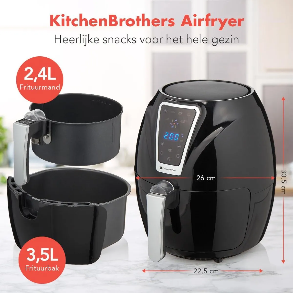 KitchenBrothers Mini Airfryer 1300W 3,5L - Zwart