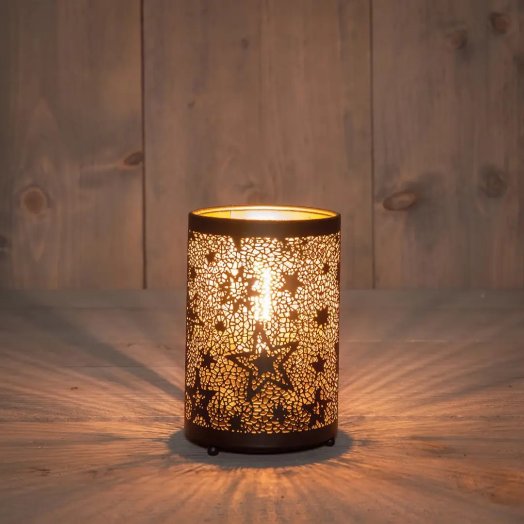 Lantaarn met sterren zwart/goud dia. 8,5x13 cm Anna's Collection