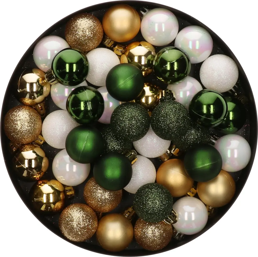 42x Stuks kunststof kerstballen mix wit/goud/donkergroen 3 cm