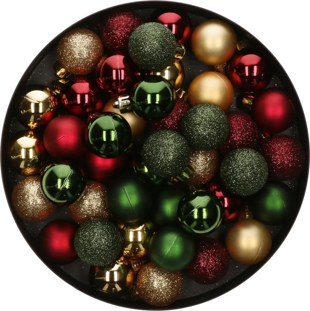 42x Stuks kunststof kerstballen mix donkergroen/goud/donkerrood 3 cm