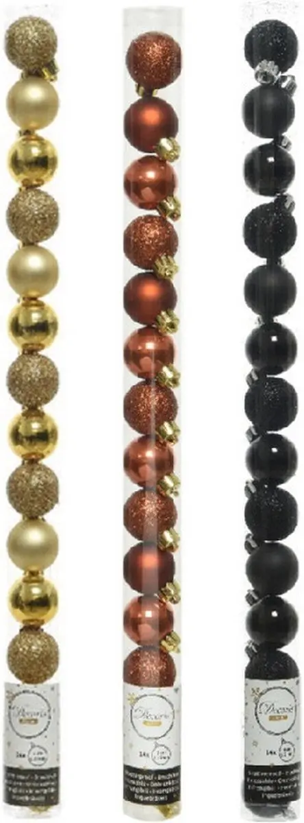 42x Stuks kunststof kerstballen mix zwart/terra bruin/goud 3 cm