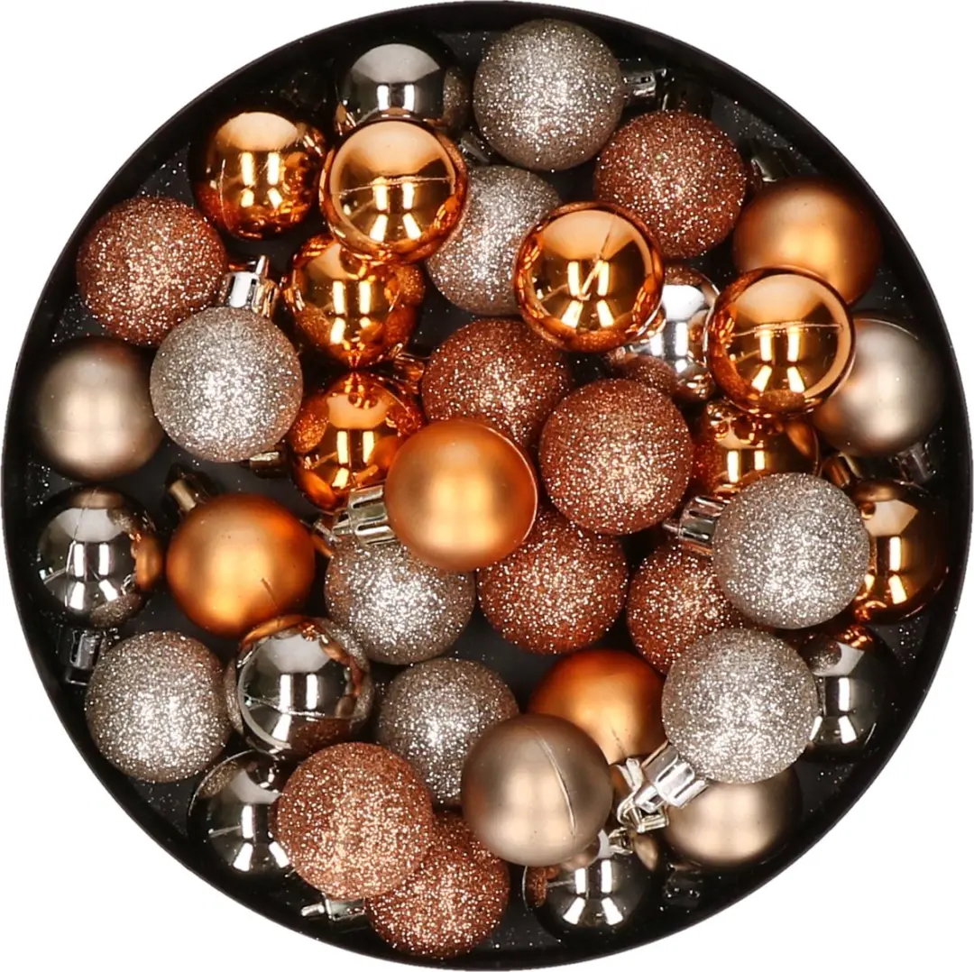 Set van 40x stuks kunststof kerstballen mix champagne en koper 3 cm
