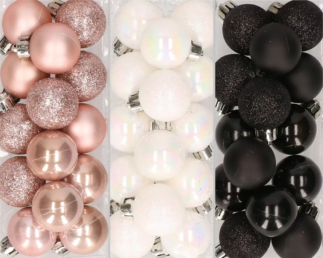42x stuks kleine kunststof kerstballen mix zwart, lichtroze en parelmoer wit 3 c
