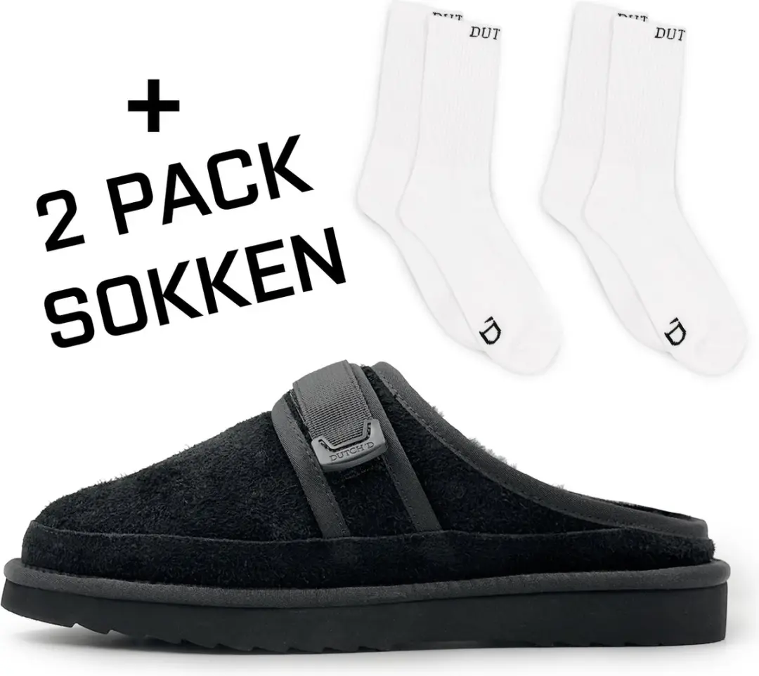Dutch'D ® - Luxe pantoffel + Set sokken! - Sloffen - Designer- Ease Mule Suede zwart - Maat 45 - Echt wol! - Heerlijk warm - Ook voor buiten