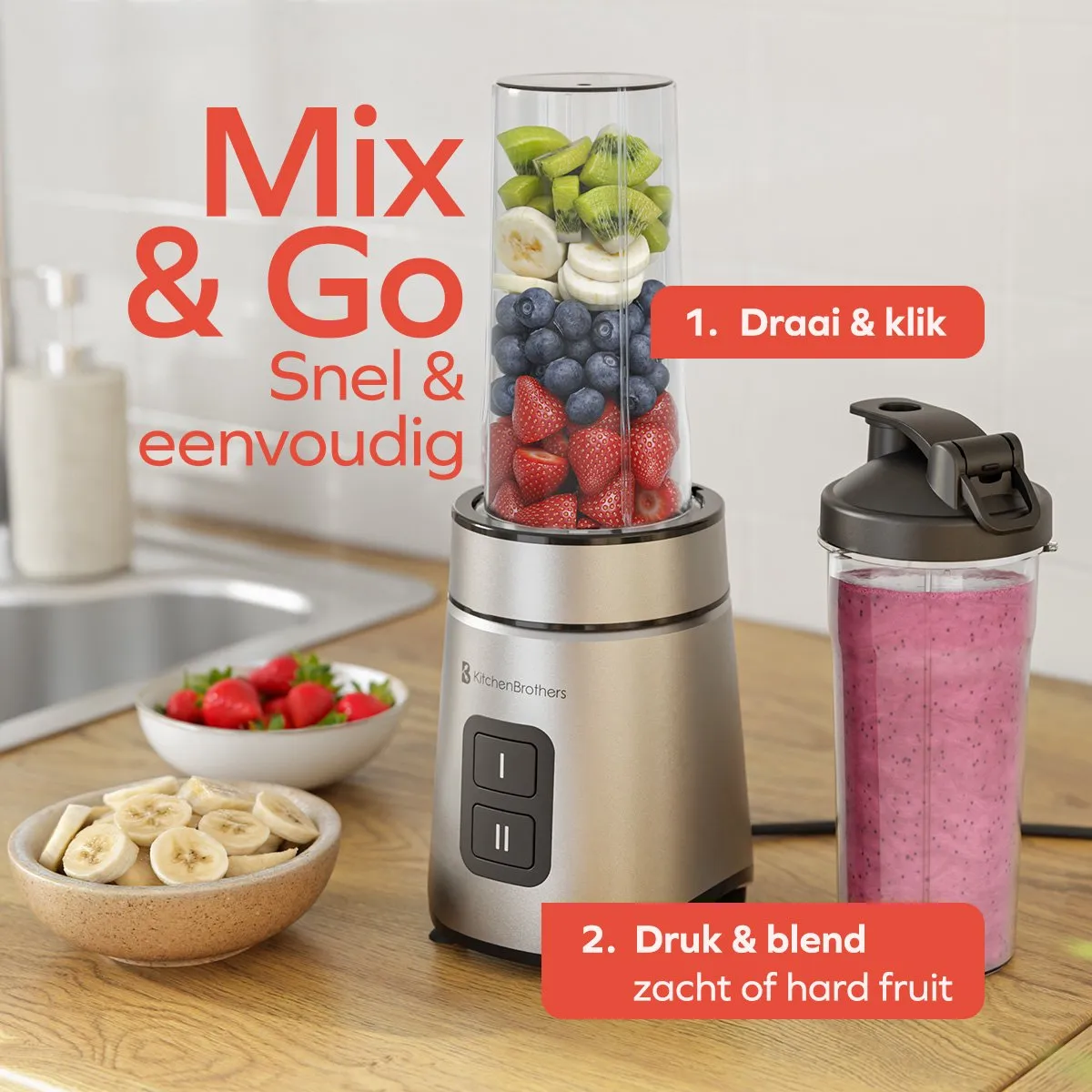 KitchenBrothers Mini Blender To-Go 550W - 2 Bekers 600ml - Zwart - afbeelding 6 van 6