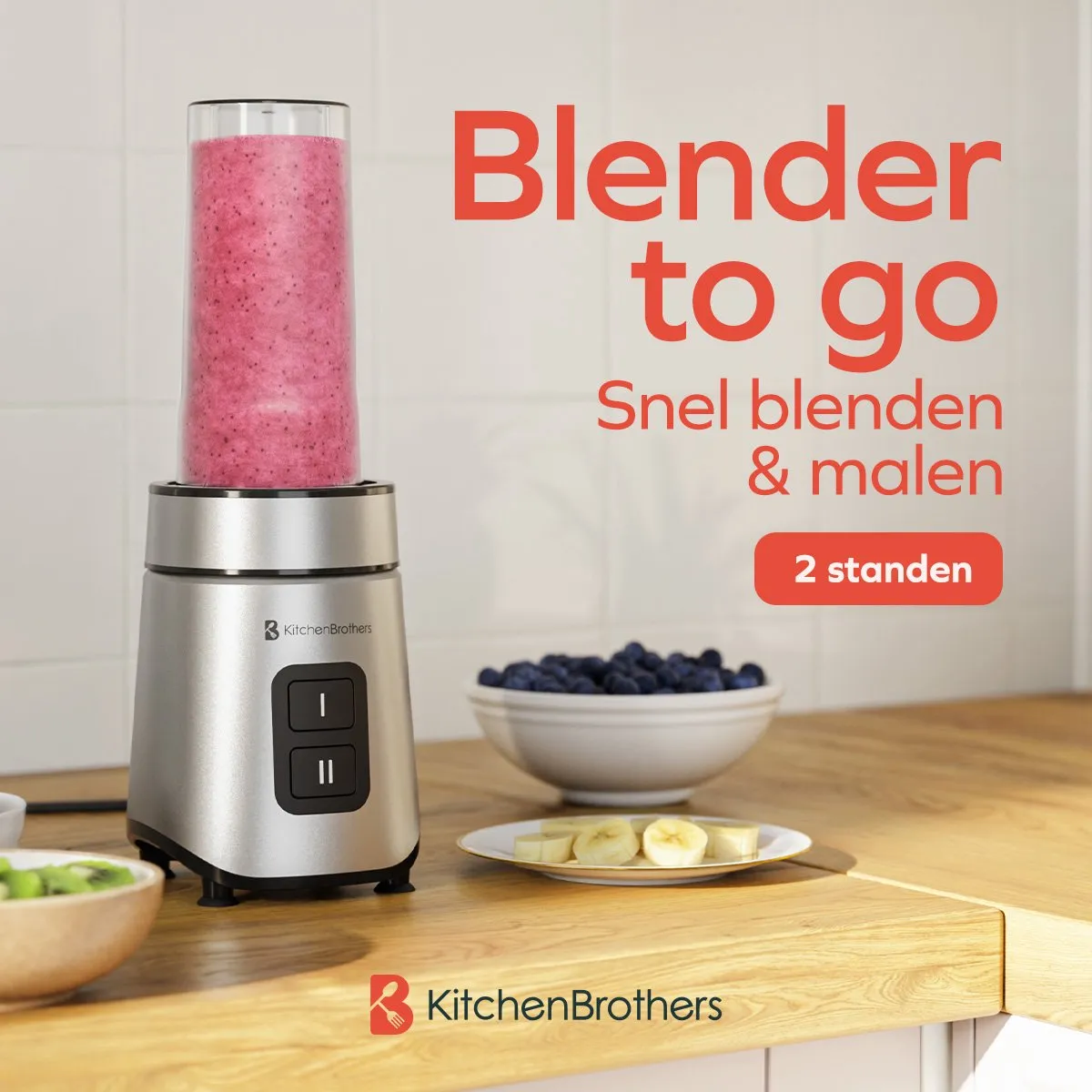 KitchenBrothers Mini Blender To-Go 550W - 2 Bekers 600ml - Zwart