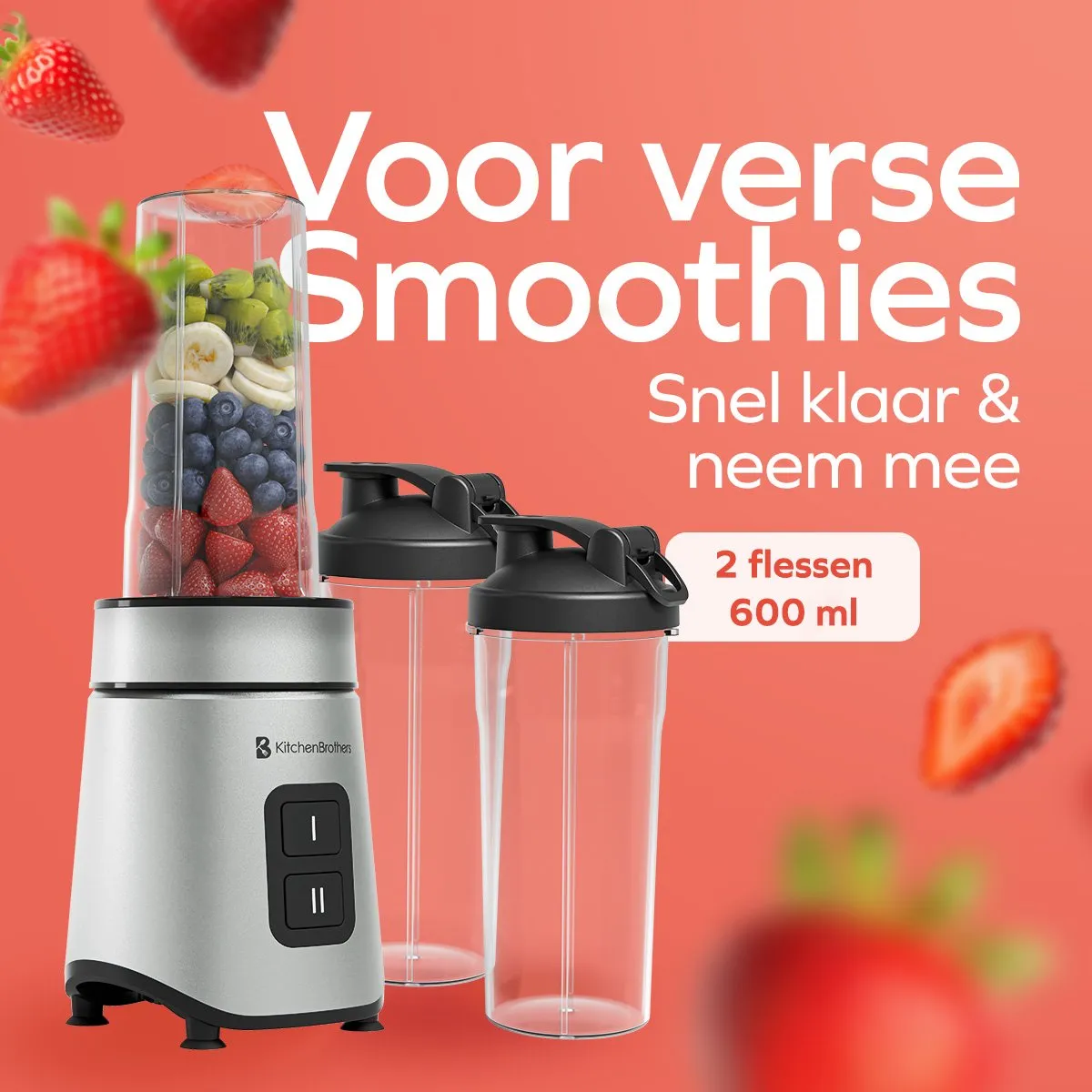 KitchenBrothers Mini Blender To-Go 550W - 2 Bekers 600ml - Zwart