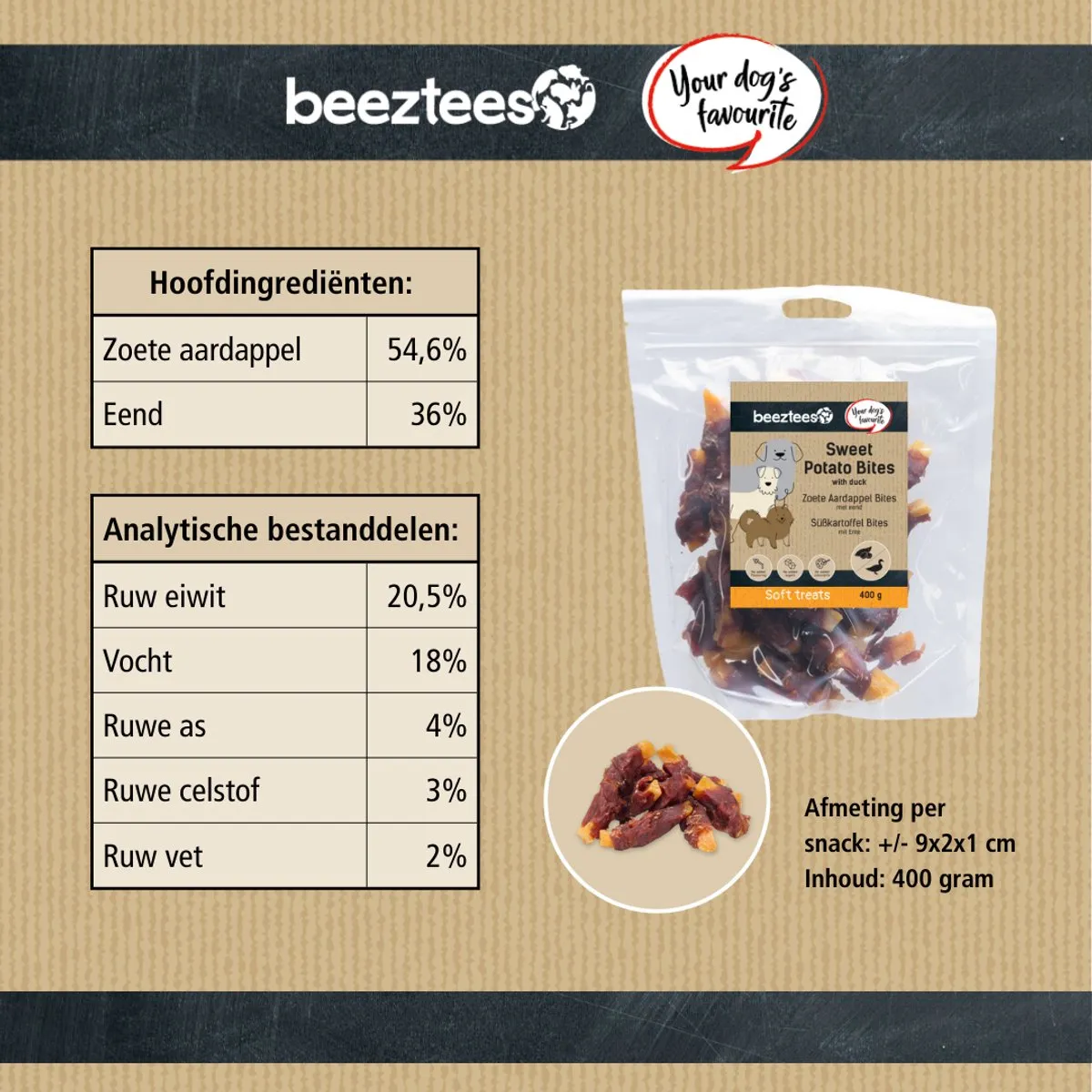 Beeztees Tasty Treats Zoete Aardappel Bites met Eend Mini Hondensnacks 400g