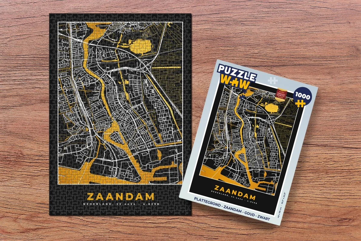 PuzzleWow Zaandam Puzzel 1000 Stuks - Goud/Zwart Stadskaart