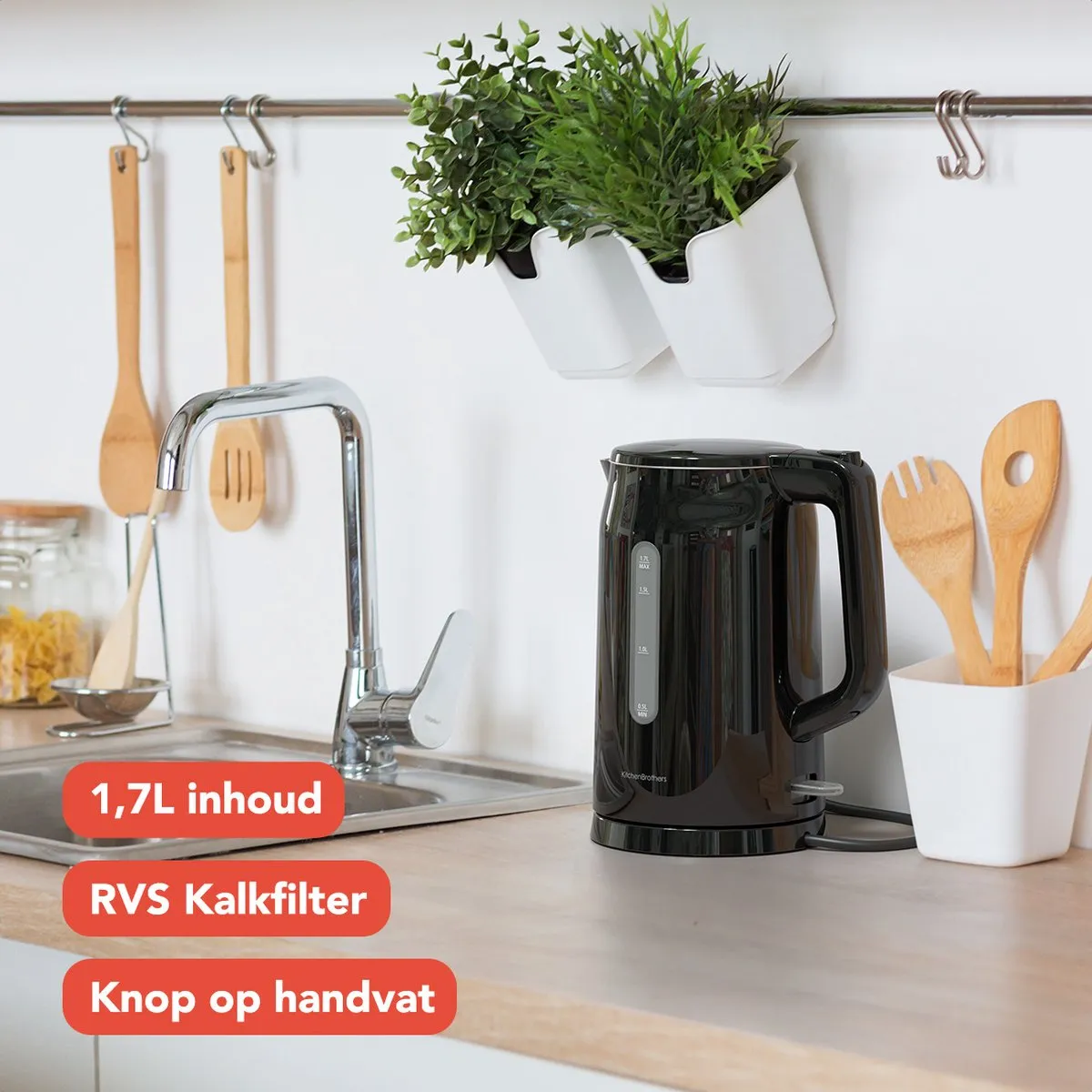 KitchenBrothers KB4074 Waterkoker 1,7L - 1800W - Zwart
