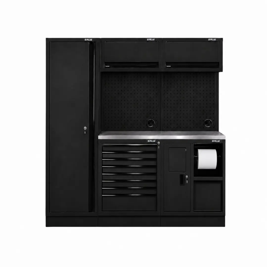 Pillar modulaire werkplaatsinrichting met hoge kast en roestvrijstalen werkblad