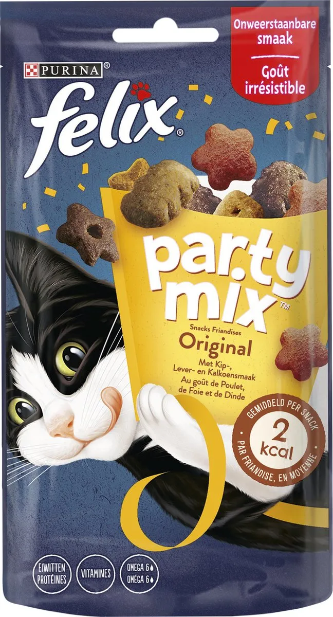 Felix Party Mix Original Kattensnacks 8x60g - Kip Kalkoen & Lever