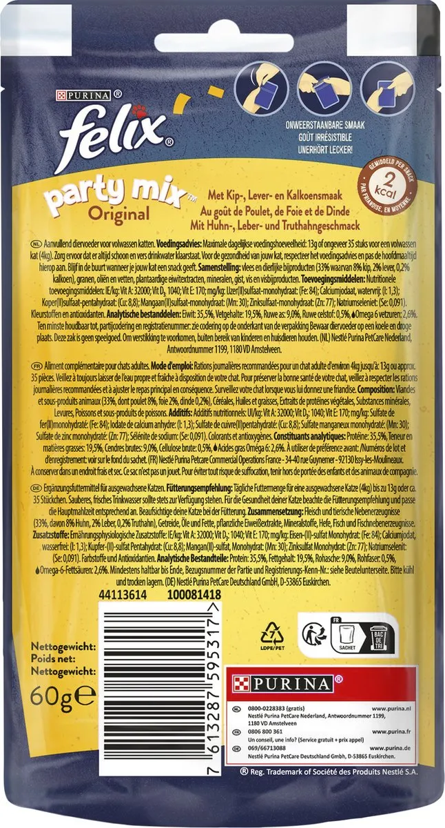 Felix Party Mix Original Kattensnacks 8x60g - Kip Kalkoen & Lever
