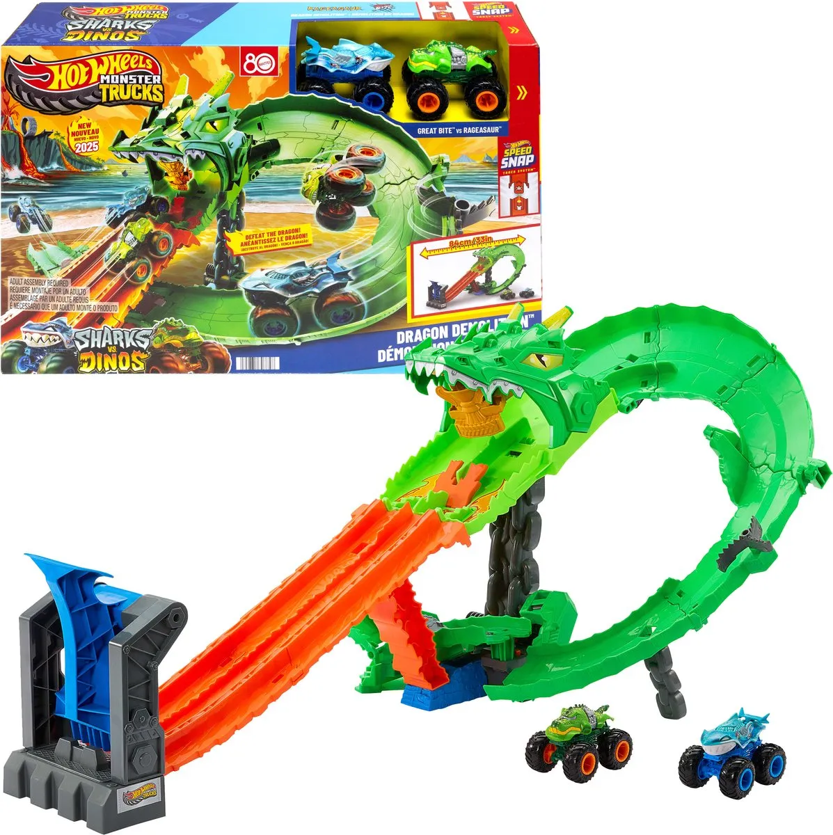 Hot Wheels Monstertrucks Haaien vs. Dino's Draak Vernietiging Speelset JFR06 - Meerkleurig