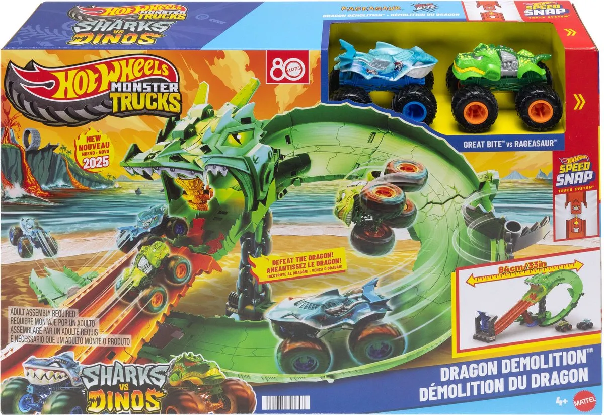 Hot Wheels Monstertrucks Haaien vs. Dino's Draak Vernietiging Speelset JFR06 - Meerkleurig