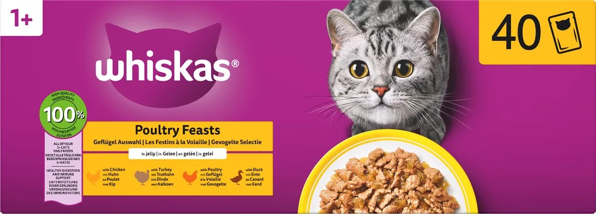 Whiskas Kattenvoer Adult 1+ Gevogelte in gelei - 40x85g
