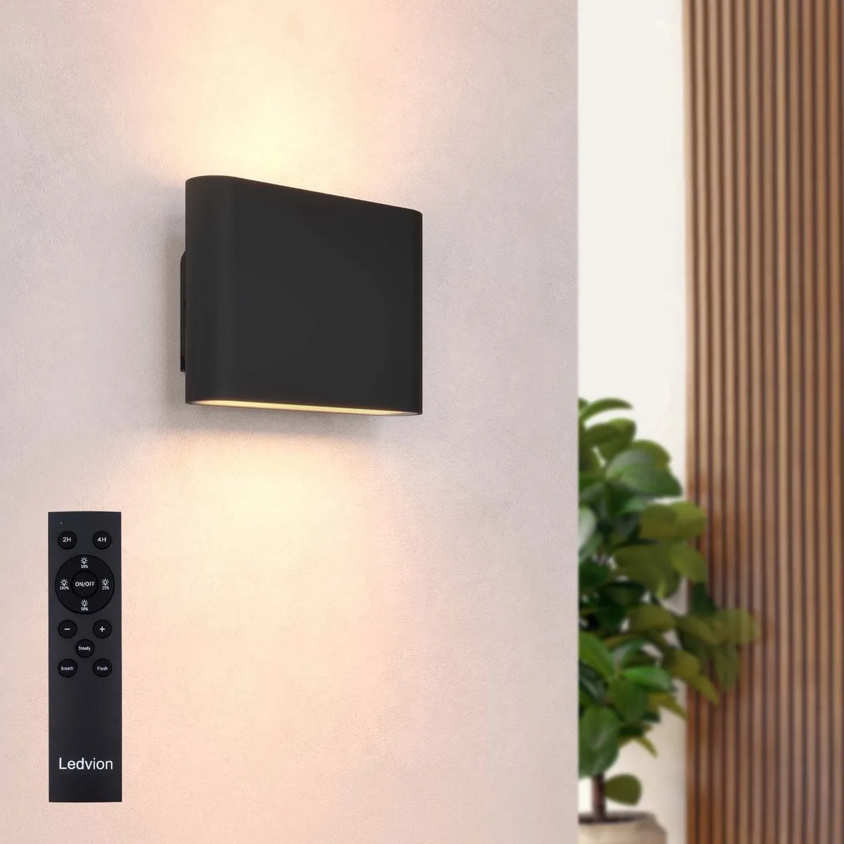 Ledvion - USB Oplaadbare Wandlamp met Afstandsbediening – Zwart – Dimbaar – 2700K – 4400 mAh – Binnen & Buiten – Ovaal