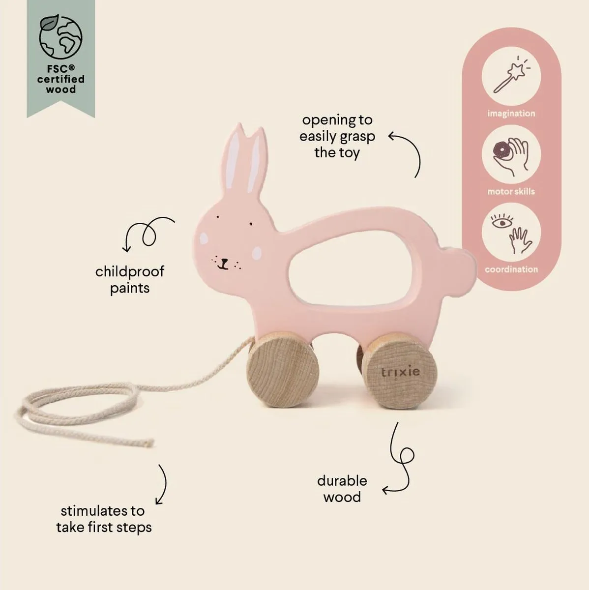 Trixie Houten Trekspeeltje Mrs. Rabbit - Roze