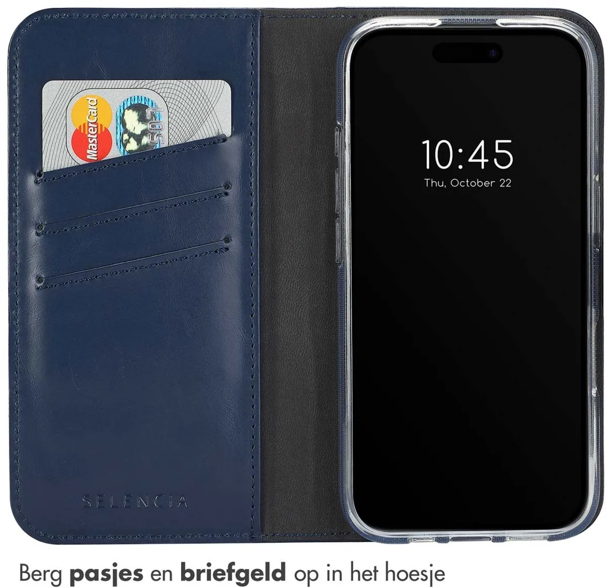 Selencia Hoesje iPhone 16 Plus - Echt Lederen Bookcase 3 Pasjes - Blauw