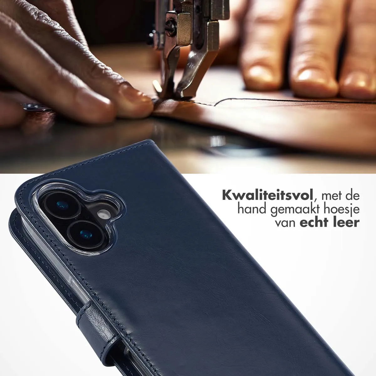 Selencia Hoesje iPhone 16 Plus - Echt Lederen Bookcase 3 Pasjes - Blauw