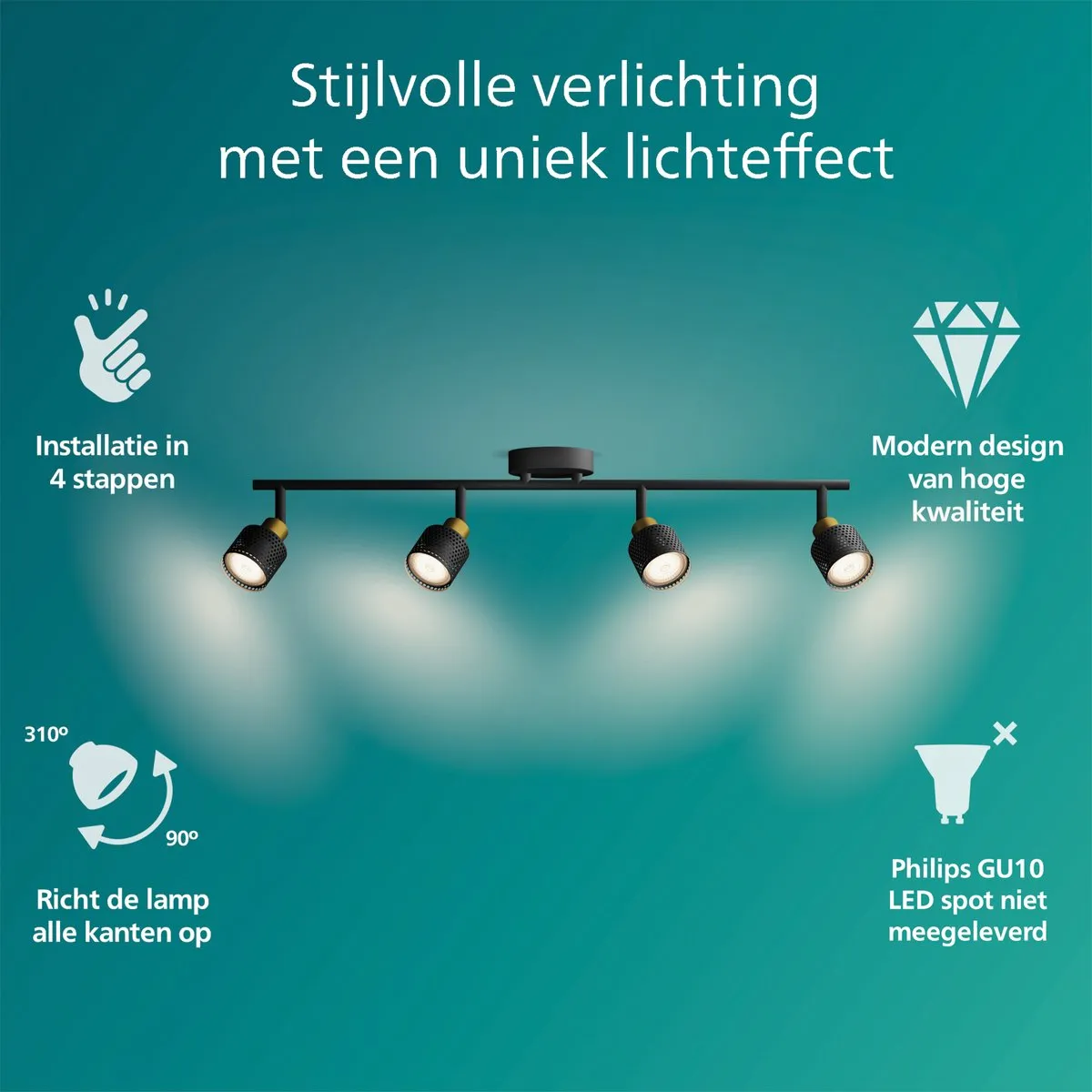 Philips Niall Spot Plafondspot 4x5W - Zwart/Messing